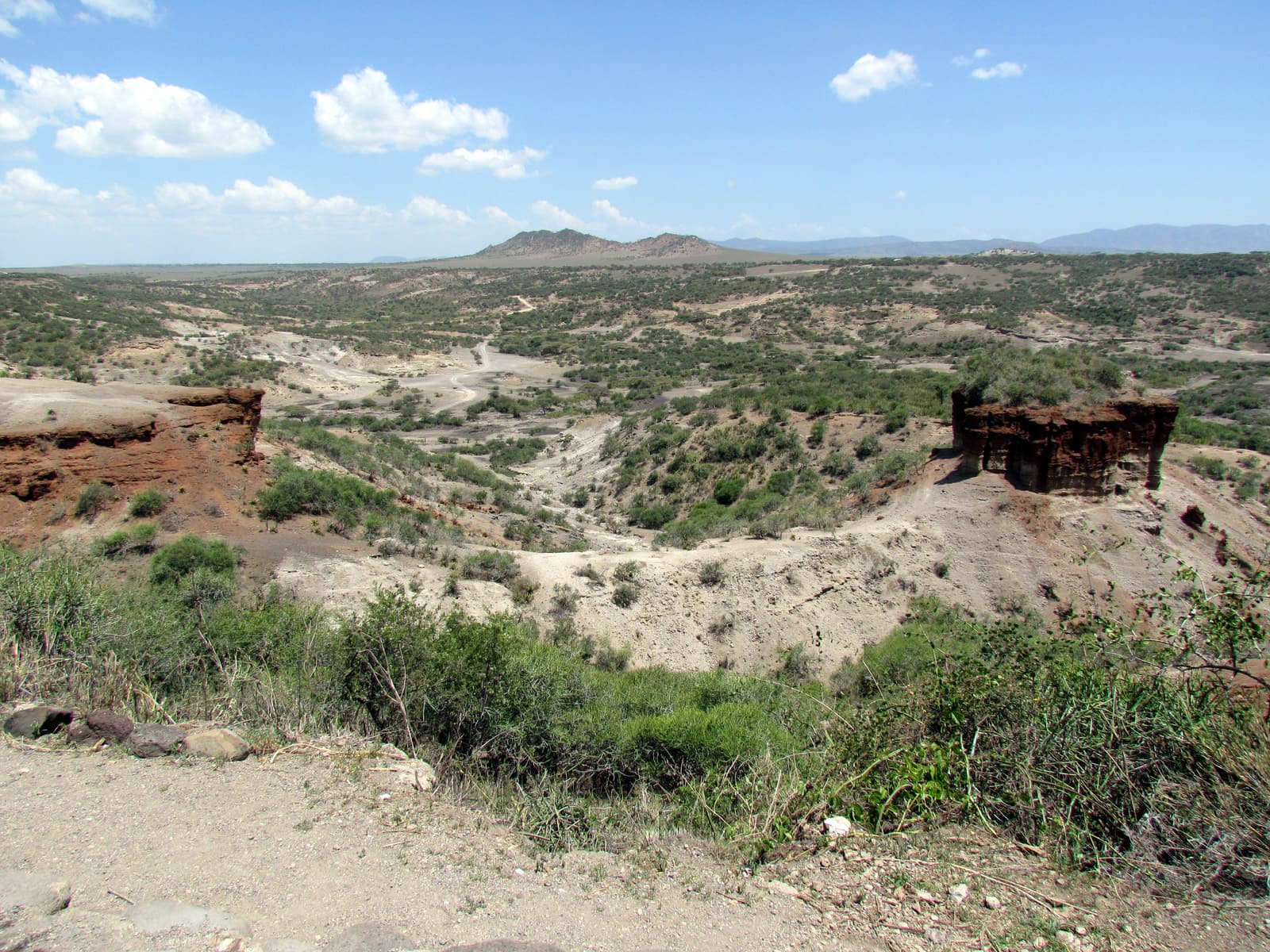 The eroded layers and rock monolith of Olduvai Gorge