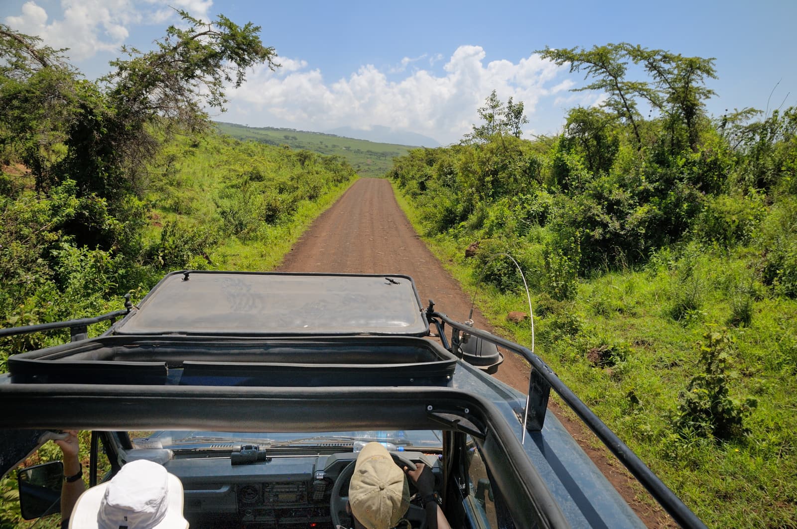 A gravel road in the Ngorongoro Conservation Area seen from an open-roof vehicle
