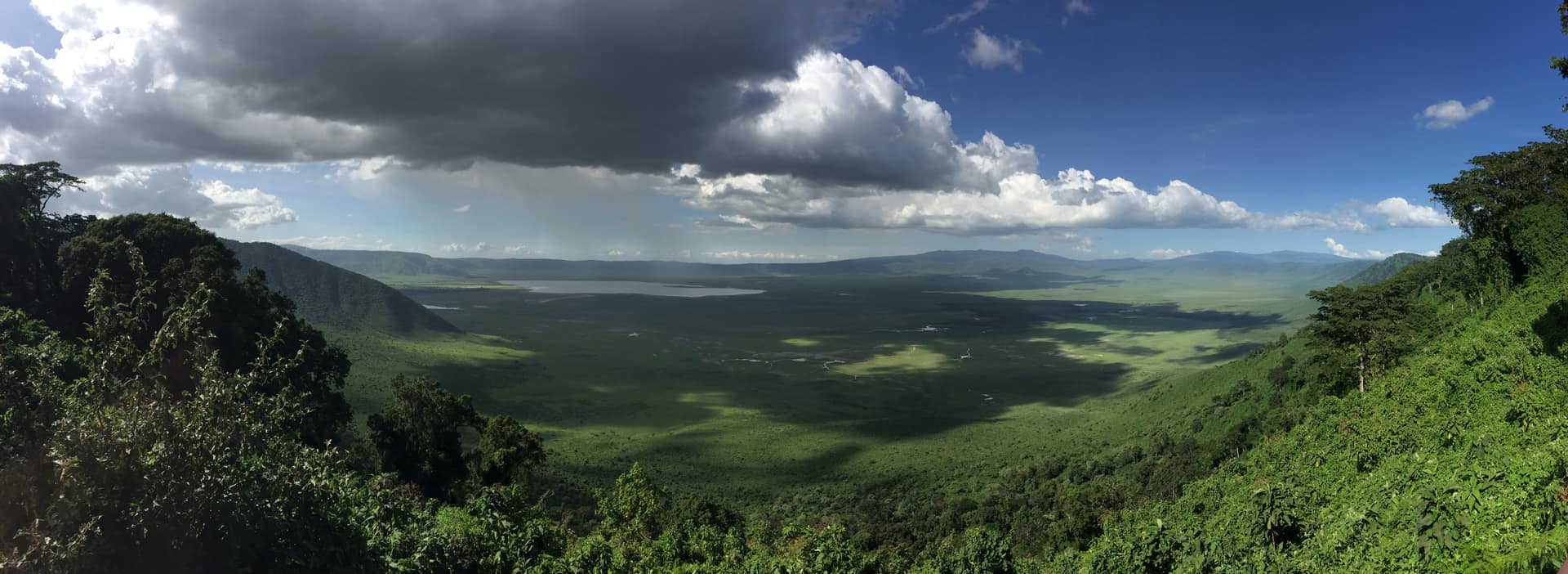 Wide view over the green floor of the Ngorongoro Crater from the rim
